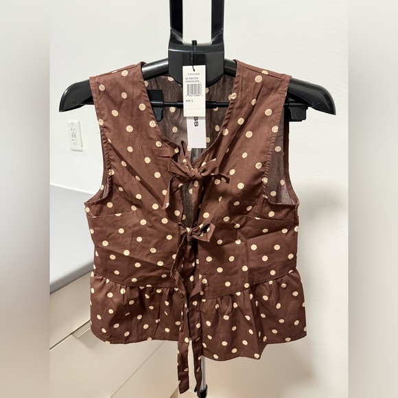 Vigoss Tops - Vigoss Chocolate Brown Polka Dot Tie-Front Top | NWT | Size L